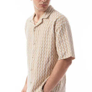 Camicia Uomo Over in Cotone 100% – Fantasia Wave Bianco/Sabbia