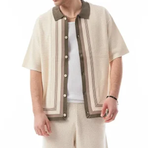 Coordinato da Uomo Estivo in 100% Cotone – Camicia e Bermuda Avorio con Profili Verde Oliva e Moka